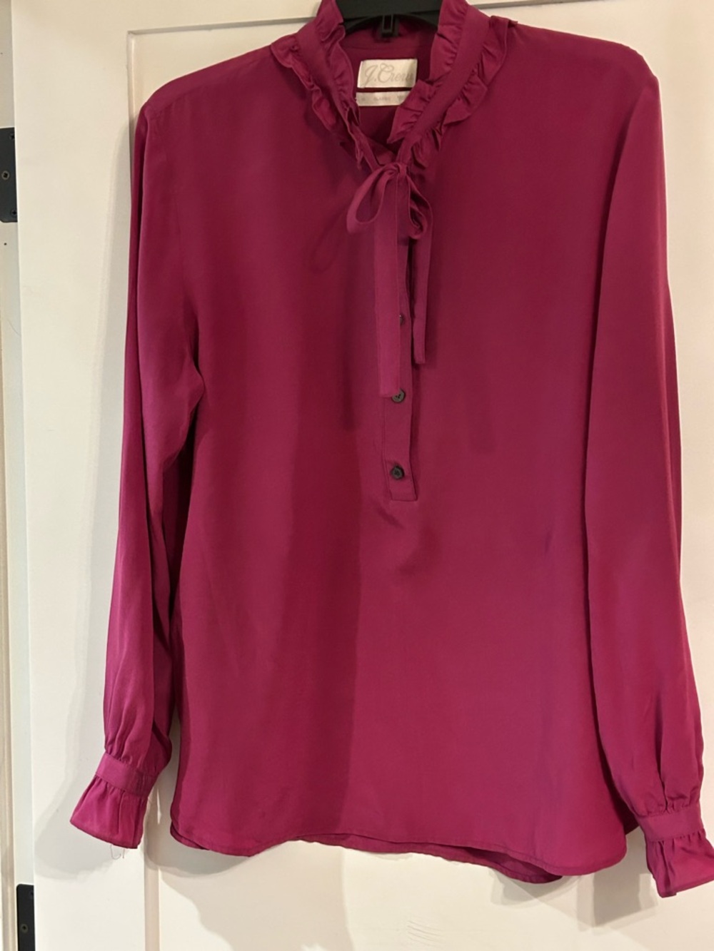 JCREW Tie-Neck Ruffle Blouse in Berry 100% Silk